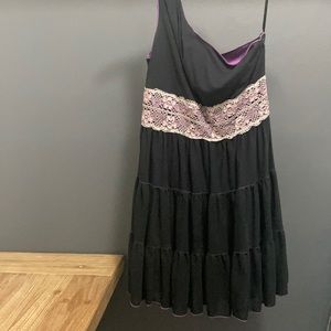 Black short ruffled dress with purple lace / one shoulder